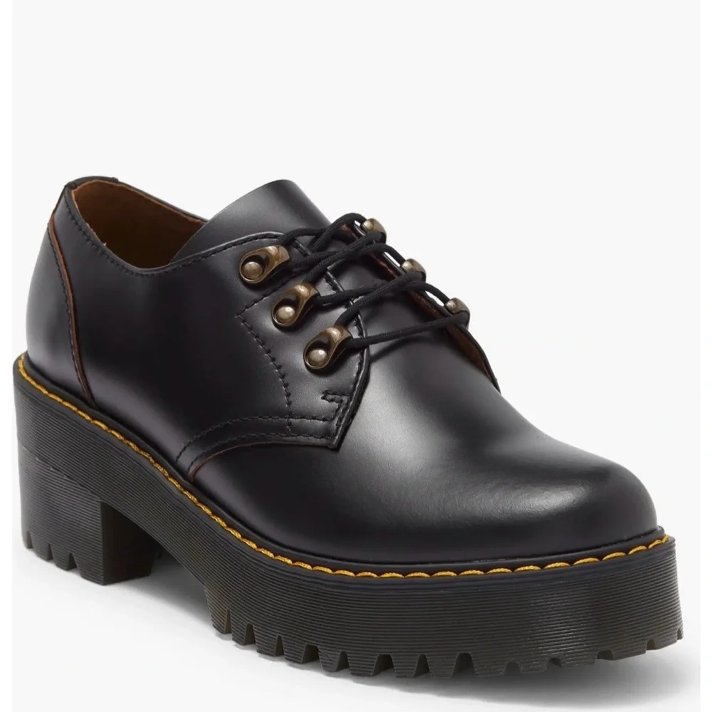 Dr. Martens Platform Black Leather Derby Lug Sole Leona Oxford Shoes Size 11 New